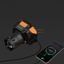 Sensor-LED-Kopflampe mit drehbarem Zoom, USB aufladbar, starke Außenlampe, Kopflampe mit Batterie, Gelbes Licht