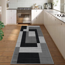 (60x220cm - Printed Runner Rug, Milo Black Grey) Living Room Black & Grey Rugs Carpets Printed Runner Mat