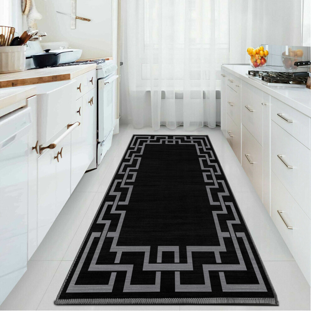 (80x150cm - Large Printed Kitchen Rug, Nico Black) Living Room Black & Grey Rugs Carpets Printed Runner Mat-image-OPC-PJMB8F9-NEW