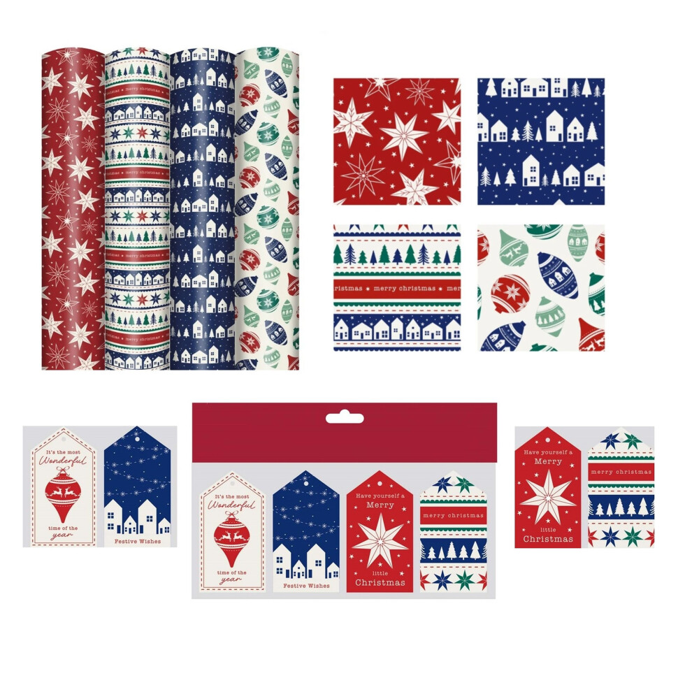 Tallon International 4 Rolls Scandi Christmas Wrapping Paper 4M Nordic 16 Matching Tags