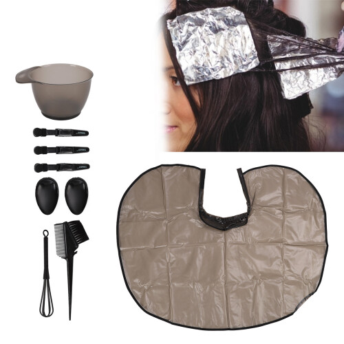 Haarfärbe-Set mit Pinsel, Schale, Lätzchen, Haarclips