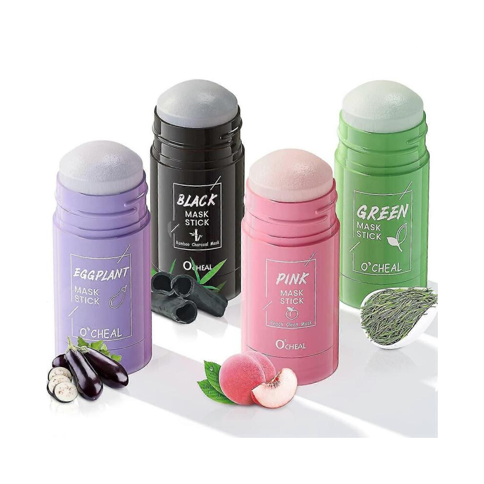 4-Pack Green Tea Mask Stick Set, Bamboo, Charcoal Mud, Eggplant and Peach Mud Mask, Facial Skin Mud Mask Set for Deep Pore Cleansing
