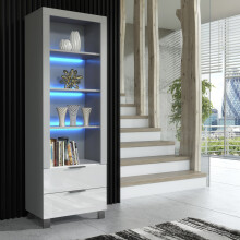 (Blue LED Lights ) Furneo Display Cabinet Grey White High Gloss Matt Modern Storage Cupboard White LED Lights Enzo 18