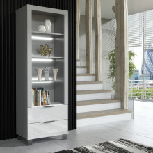 (White LED Lights ) Furneo Display Cabinet Grey White High Gloss Matt Modern Storage Cupboard White LED Lights Enzo 18