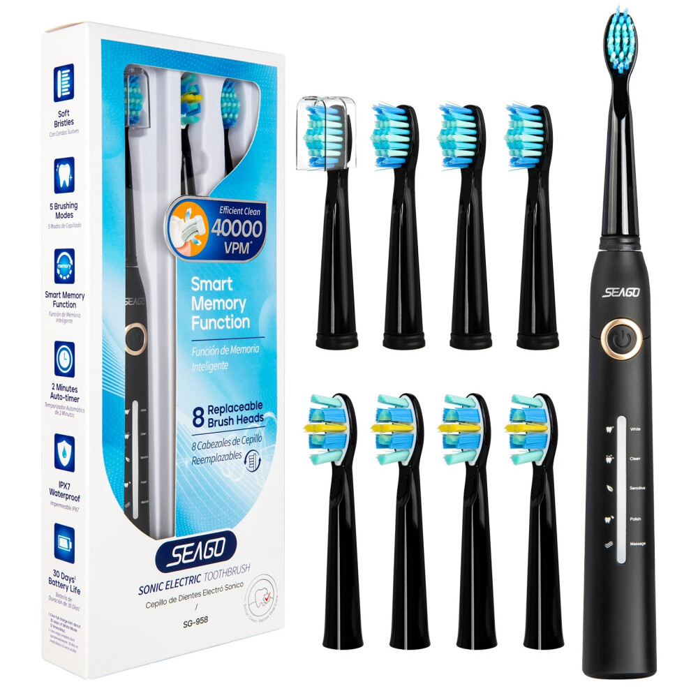 Seago Electric Toothbrush Sonic Toothbrush 30 Days Long Battery Life 2 Minutes Smart Timer 5 Modes with 8 Replacement Brush Head-image-OPC-PJMCNXG-NEW