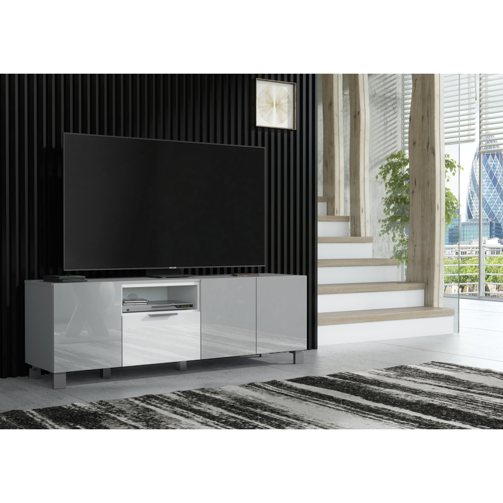 (No LED Lights ) Furneo 150cm TV Stand Grey White High Gloss Matt Unit Cabinet LED Lights Enzo 14-image-OPC-PFMJ68N-NEW