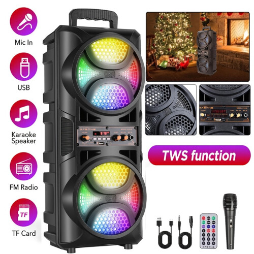 (Black) Portable Bluetooth Speaker System with Dual 6.5" Subwoofers, Wireless Connectivity, LED Lights, Microphone & Remote
