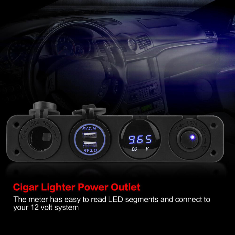 12-24V Dual Usb Charger Led Voltmeter Cigar Lighter 4 Hole Panel Switch Blue 4661341179013