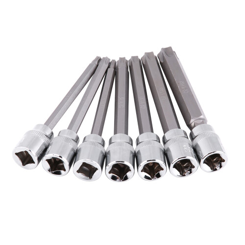 7Pcs 3/8inch Extra Long Torx Star Bit Socket Set, Chrome Vanadium, Silver