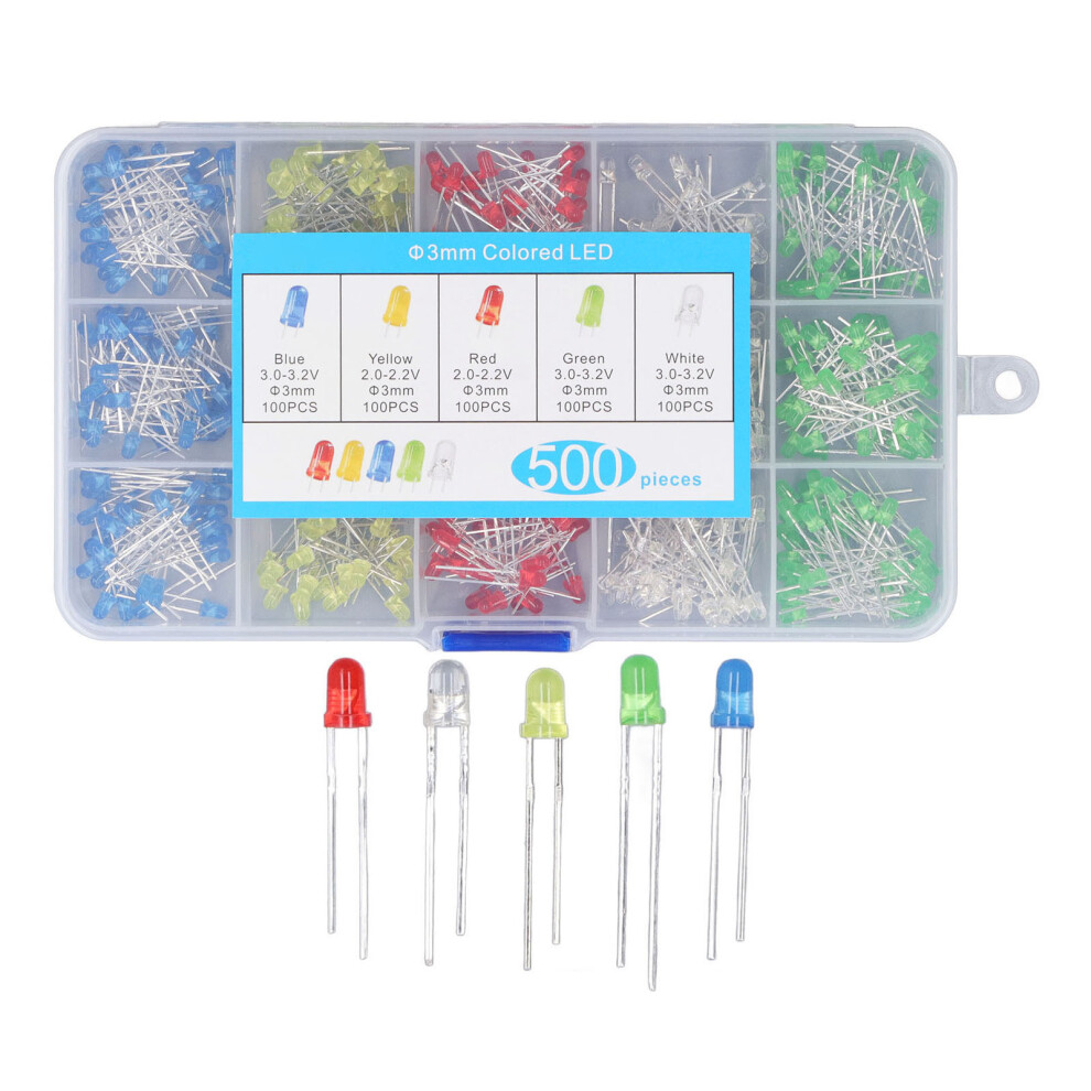 500Pcs 3mm LED Light Emitting Diode 5 Colors Red