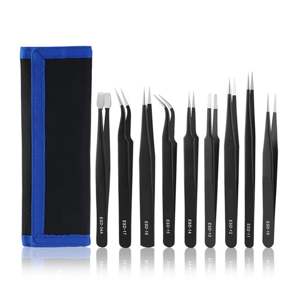 9PCS Antistatic Tweezers Assortment Stainless