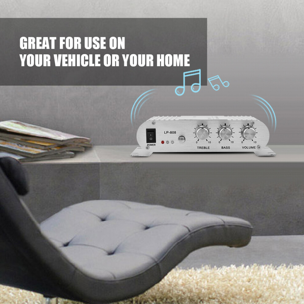Mini 20W 2 Channel Hifi Stereo Car & Home Amplifier, Compact Size Silver 3261341211129