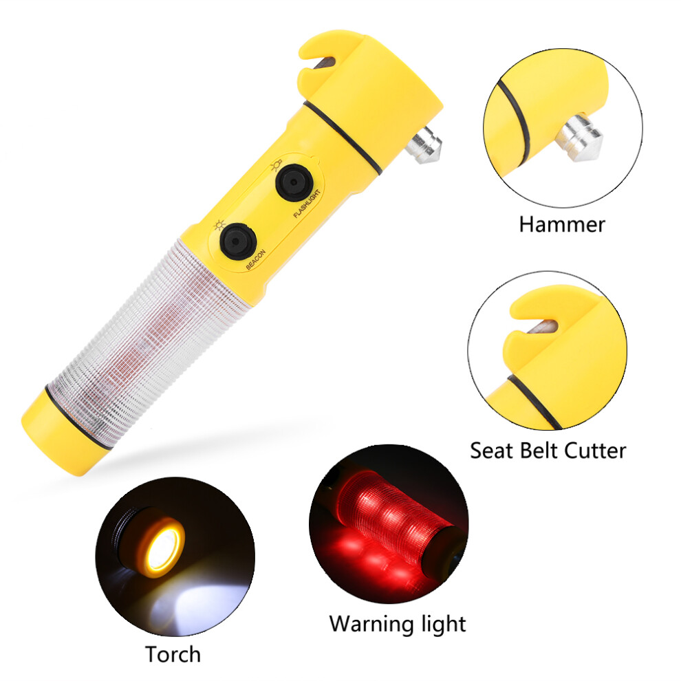 4-In-1 Car Emergency Escape Hammer With Led Torch, Seat Belt Cutter, Warning Flashlight, Magnet Base, 19.5Cm Yellow 6951341212406
