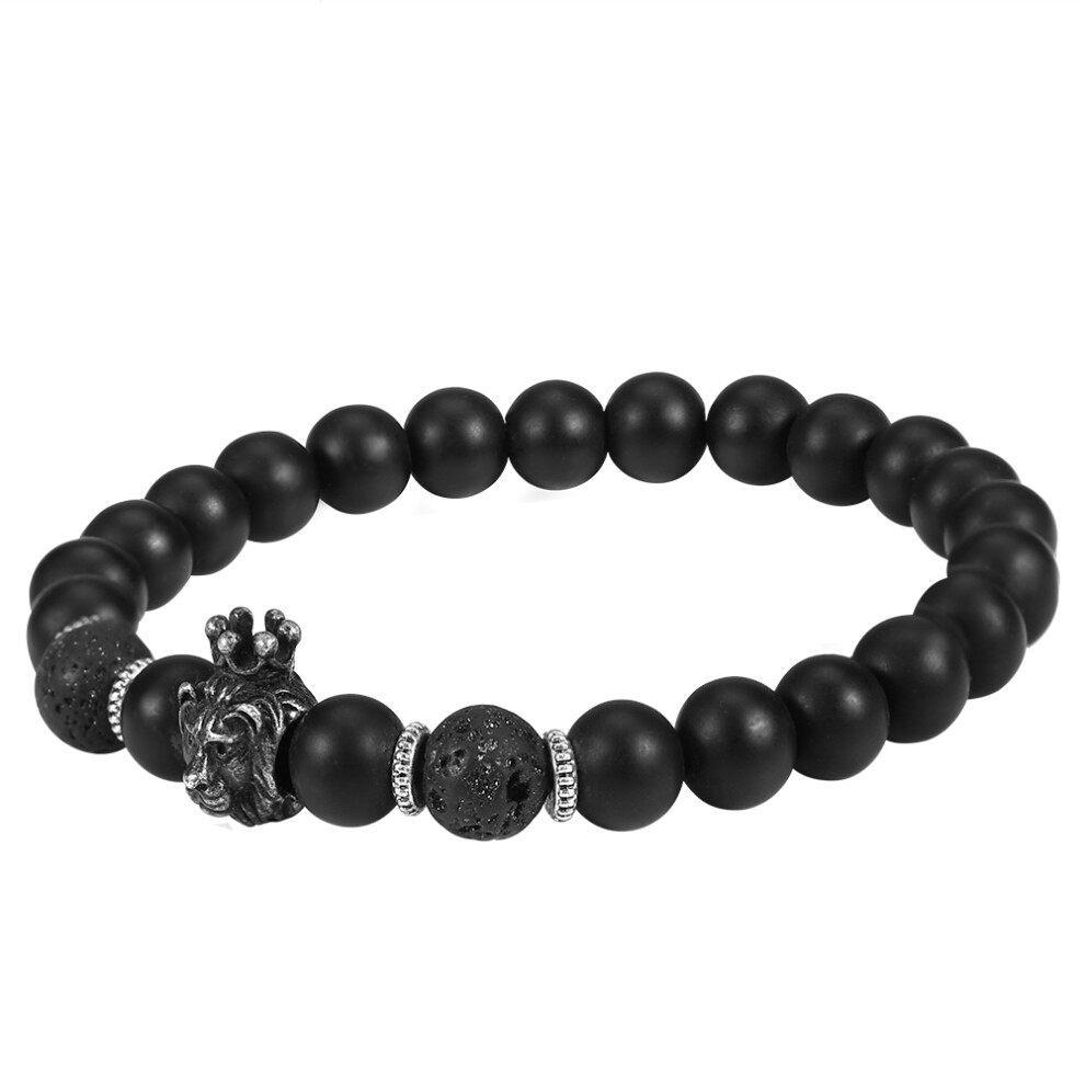 Stylish Black Beaded Lion Head Charm Bracelet for Men Stone Bangle Jewelry-image-OPC-PJMF7MC-NEW