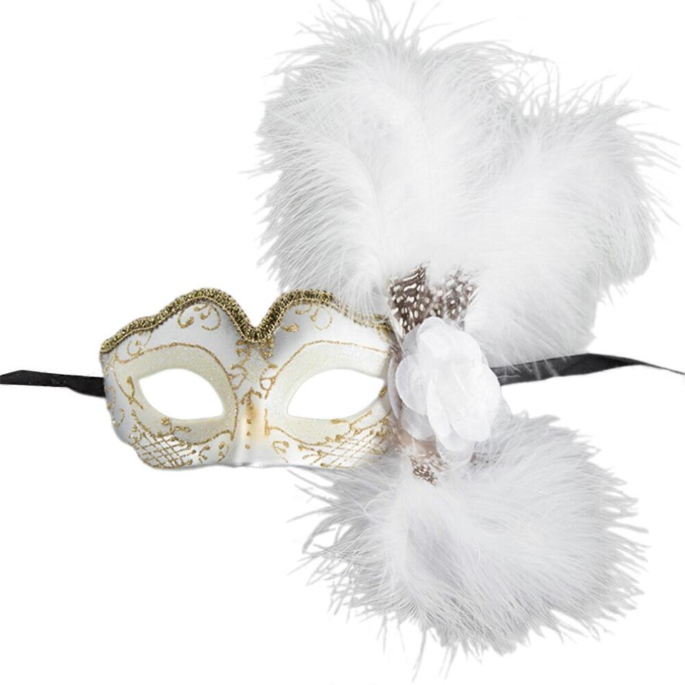Feather Masquerade Mask for Women Halloween Dress up, Half Face Mask with Flower Feather Decoratin, Cosplay Eyemask rose redWhite-image-OPC-PJMFBW6-NEW