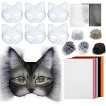 Unpainted Masquerades Mask with Furry Trim Adhesive Fabric Net Cloth Cats Face Mask Unpainted Mask for Halloween Supplygradient color suit