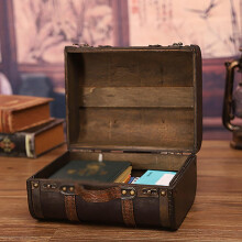 Wooden Vintage Suitcase, Leather-Trimmed Antique Storage Box, Small Pirate Treasure Chest for Photography Props, Books, Clothing, Jewelry, Brown