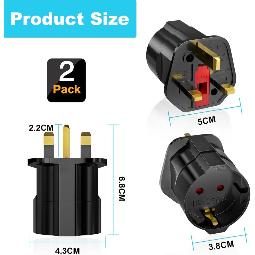 Faduali European To Uk Adapter, 2 Pack Plug Adaptor Eu To Uk Plug Adapter Black