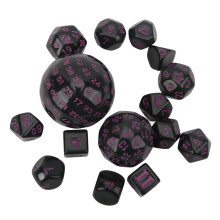 15 Stück Polyedrische Würfelset Acryl D3 bis D100 Tischspiele Würfel für Rollenspiele Tischspiele Partyzubehör Schwarz und Lila Wörter