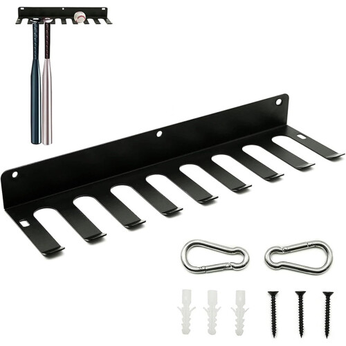 Baseball Bat Rack with Hook Hardware, Solid Steel Construction, Includes 2 Hanging Buckles, Equipment Organizer 1