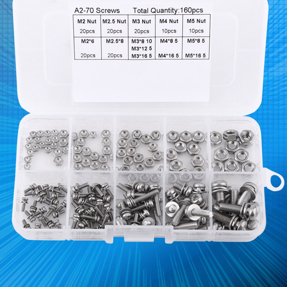 Premium 160Pcs Stainless Steel Ss304 Screws Nuts Assortment M2-M5 Set 8401341277687