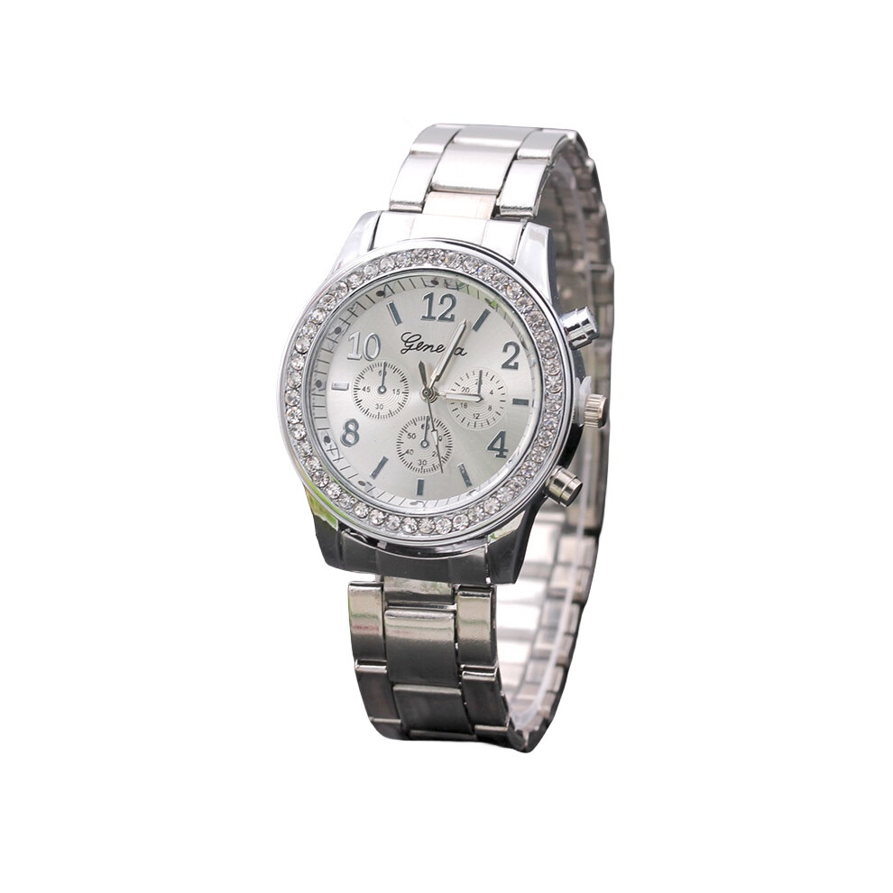 (Silver) Ladies Quartz Elegant Watch Diamond Alloy Strap Jewelry Wristwatch Gifts Casual Silver