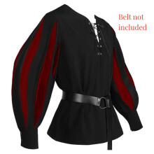 (Black Red, S) V Medieval Men Neck Shirt Belt Vintage Puff Sleeve Tops Viking Pirate Cosplay
