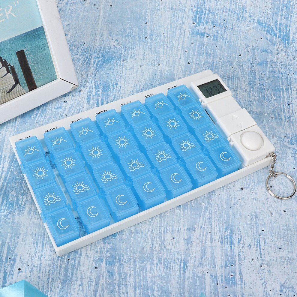 Blue 28 Grids Portable Medicine Pill Organizer With Timer Reminder