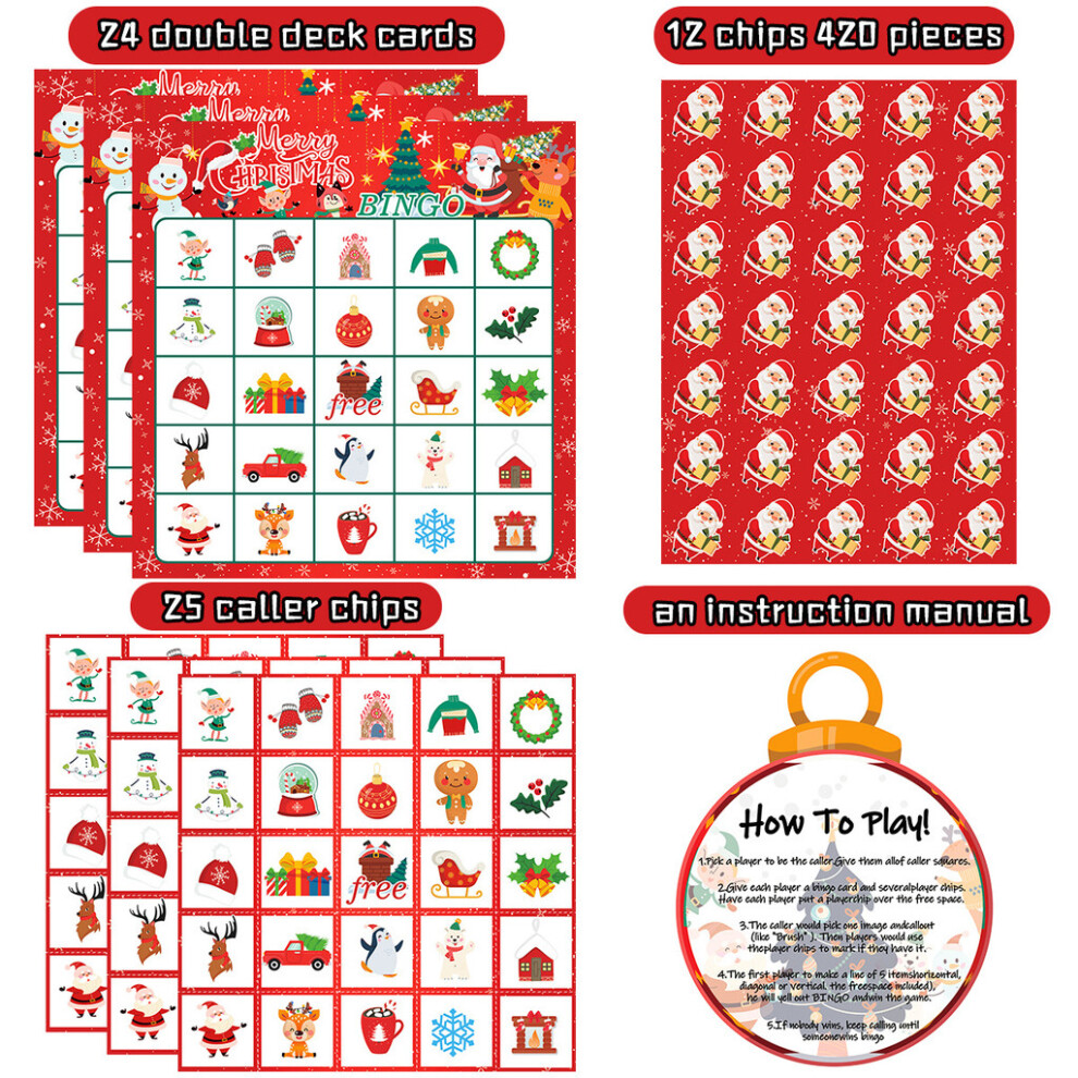 Christmas Theme Bingo Game Santa Snowman Paper Cards Set Family Play Fun Holiday