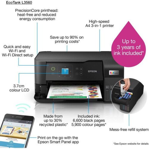 Epson Impressora multifuncional - Epson - EcoTank L3560 - Jato de tinta - A4 - WiFi e AirPrint 2