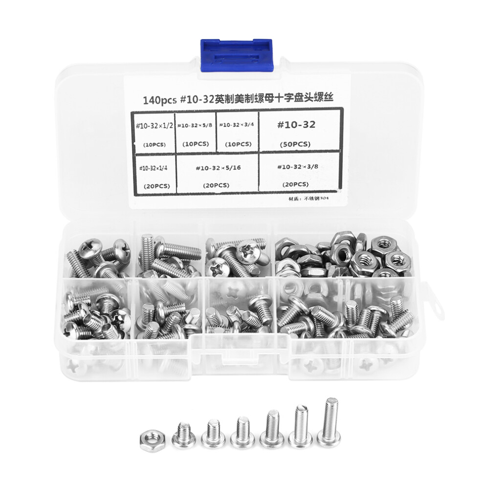 140Pcs Stainless Steel #10-32 Ph Screws Kit Assortment Set 9431341415344