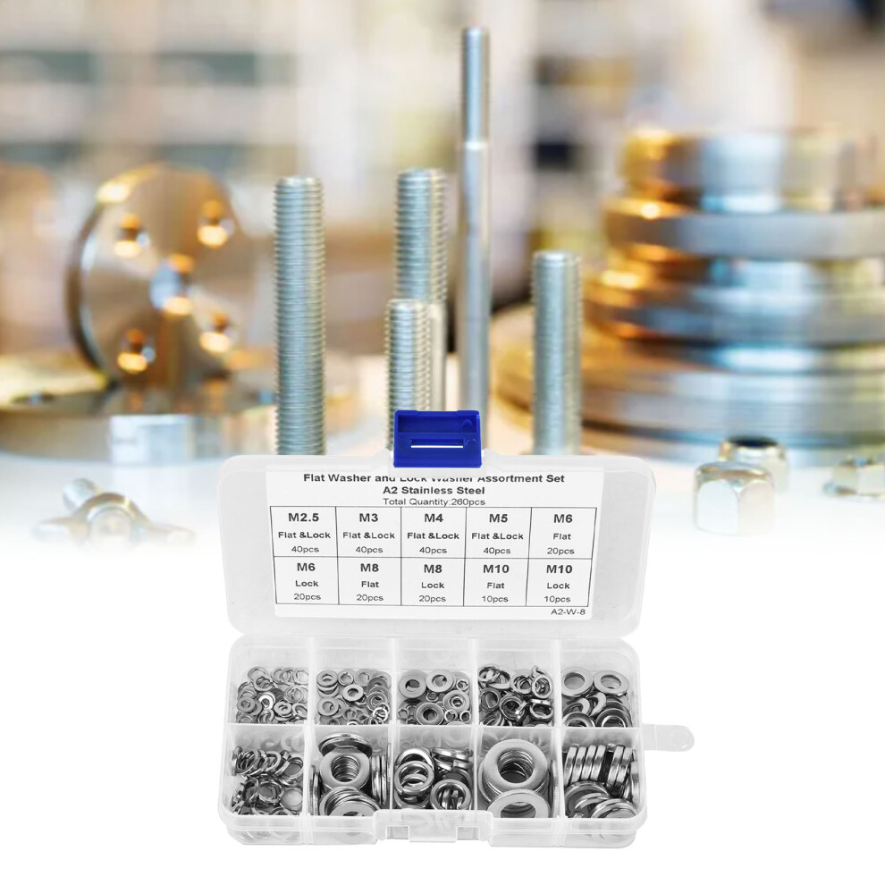 Assorted 260PCS Stainless Steel Flat & Spring Washers for M2.5 to M10 Sizes-image-OPC-PJMNRDK-NEW