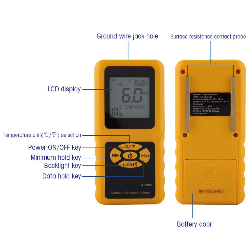 As982 Handheld Surface Resistance Meter Lcd Display Electric Conductivity Tester 9411341444612