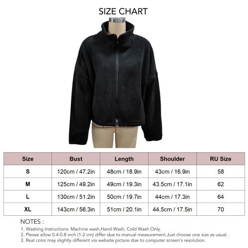 Women Zip Fleece Jacket Black S | Stand Collar, Drawstring Hem 1