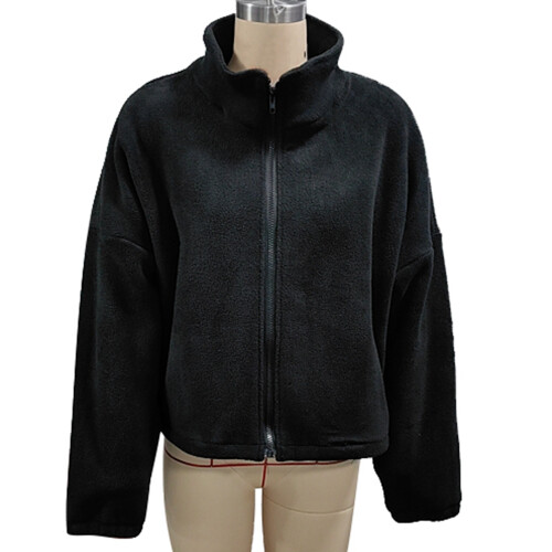 Women Zip Fleece Jacket Black S | Stand Collar, Drawstring Hem 2