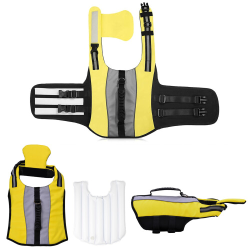 Dog Life Jacket with Handle, Reflective Strips, Adjustable, Foldable, Yellow, S/M/L 2