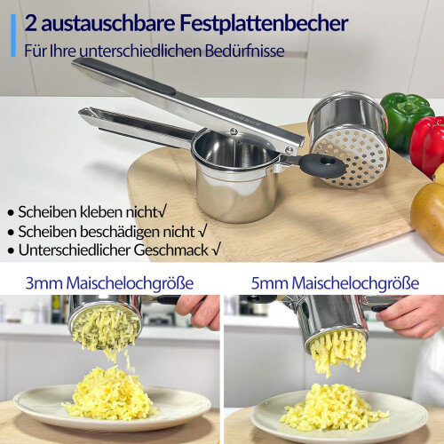 Potato Ricer 450ml with 2 Interchangeable Fixed Slices and Silicone Handle for Fluffy Mashed Potatoes and Easy Pressing 1