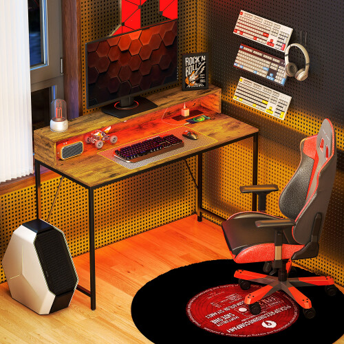 Homcom HOMCOM Computer Table with LED Lights, Gaming Desk with Shelf, Rustic Brown
