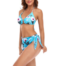 Blaues 3-teiliges Bikini-Set Halter-Wickel-Top Bikini-Hose Größe M