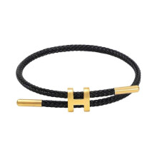 (Black) Women's Bracelet Featuring Polished H Shape Buckle and Adjustable Stainless Steel Wire, Ideal for Special Occasions