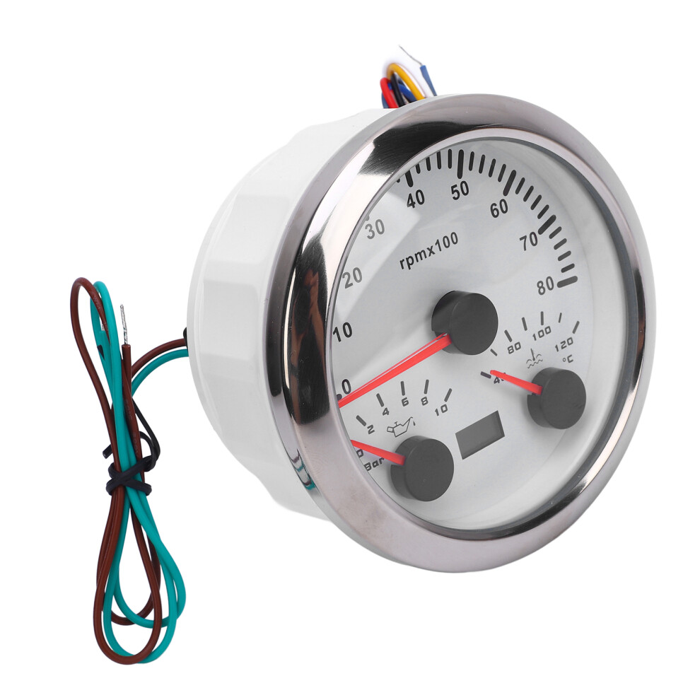 3-In-1 85Mm Tachometer Gauge 8000Rpm Water Temp 40-120 Oil Pressure 0-10Bar, 7 Color Backlight For Car Truck Boat White/Silver 4901341693509