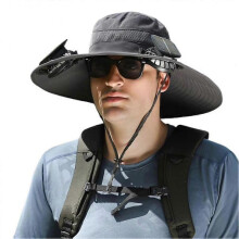 (Dark grey) Men Fisherman Hat With 2 Solar Fan Windproof Strap USB Charging Anti UV Large Brim Fan Sun Hat Sunlight Fan Cap