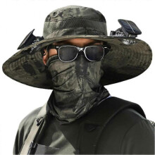 (Army green ink painting) Men Fisherman Hat With 2 Solar Fan Windproof Strap USB Charging Anti UV Large Brim Fan Sun Hat Sunlight Fan Cap