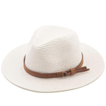 (L 58-60cm, white) New Straw Hat 7cm Brim Summer Cooling Beach Sun Hat Outdoor Party Panama Jazz Hat Sombreros