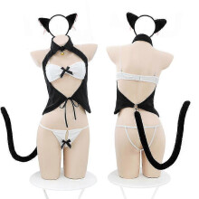 Sexy Lingerie Set for Women Thin Breathable Bra Cute Cat Uniform Underwear1set-white-black