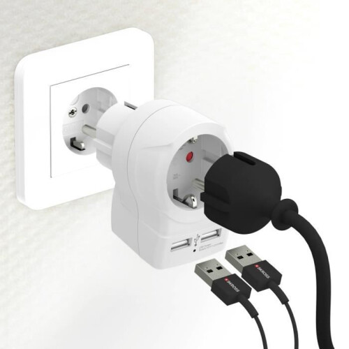 Reisadapter - SKROSS - Europa naar Europa + 2 USB - Wit - Universeel - Schuko-aansluiting 2