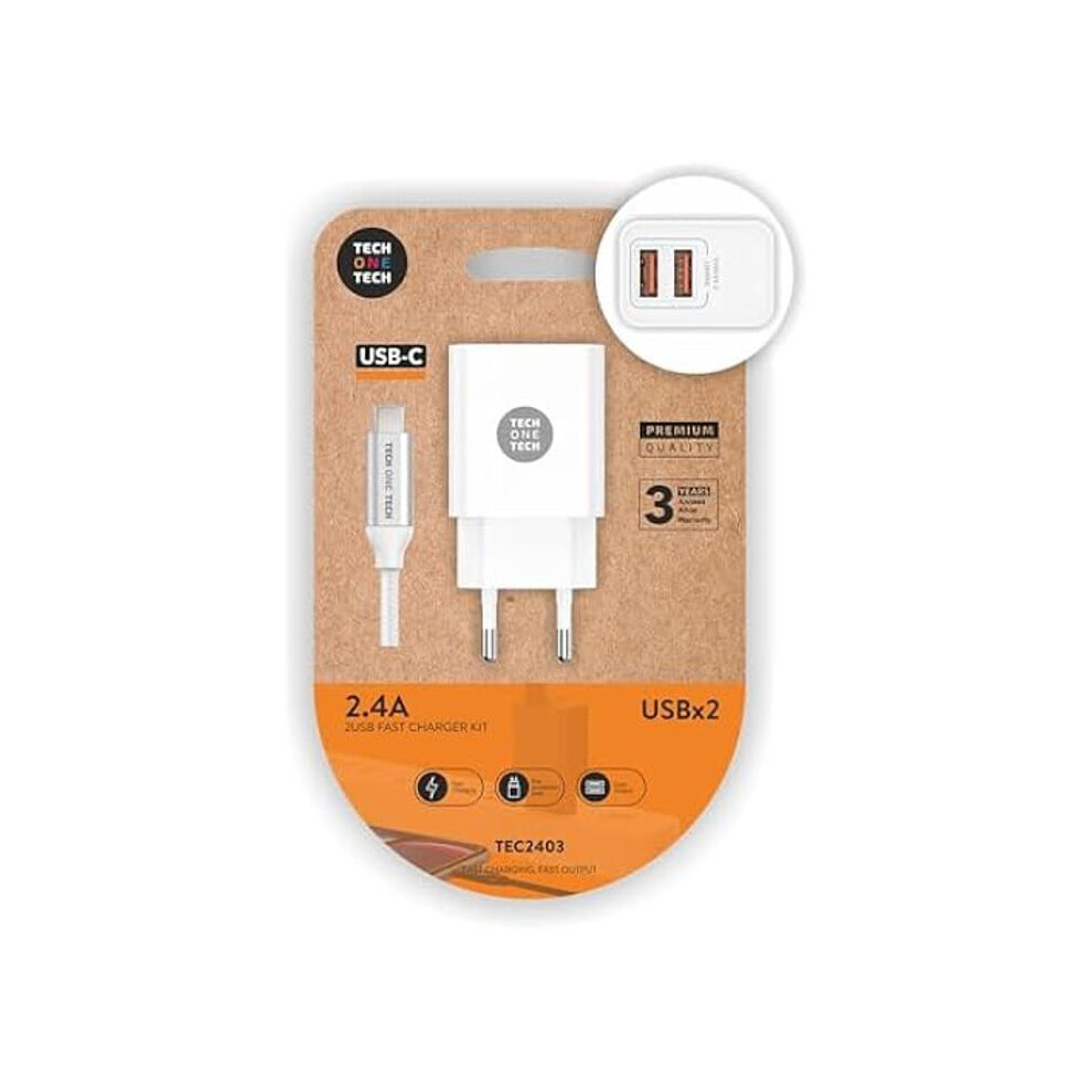Tech One Tech Caricatore Doppio + Cavo USB-C Tech One Tech, Bianco