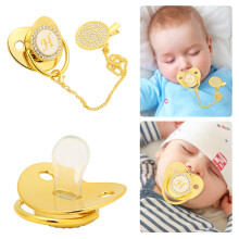 Goldener Schnuller mit gebogenen Design, 26 Buchstaben, sichere Materialien, gesundes Bling-Schnullerset mit Clips für Babys von 6 bis 18 M