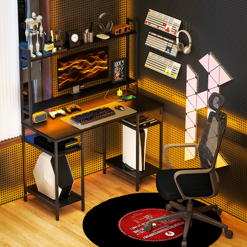 HOMCOM Black Computer Desk with Monitor Stand, RGB LED Lights, Built-in Charging (2 Outlets + 2 USB), Shelves & CPU Stands - 920-087V70BK-image-OPC-PFZ8ZJR-NEW