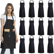 (Black) 12 Pack Plain Bib Aprons With 2 Pockets - Black Unisex Commercial Apron Bulk